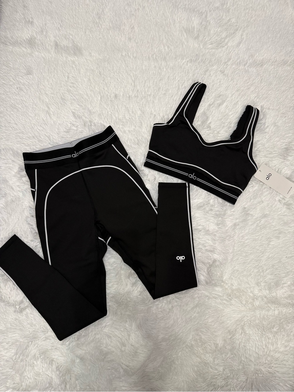ALO Yoga Black Leggings and Matching Black Sports Bra with White Piping